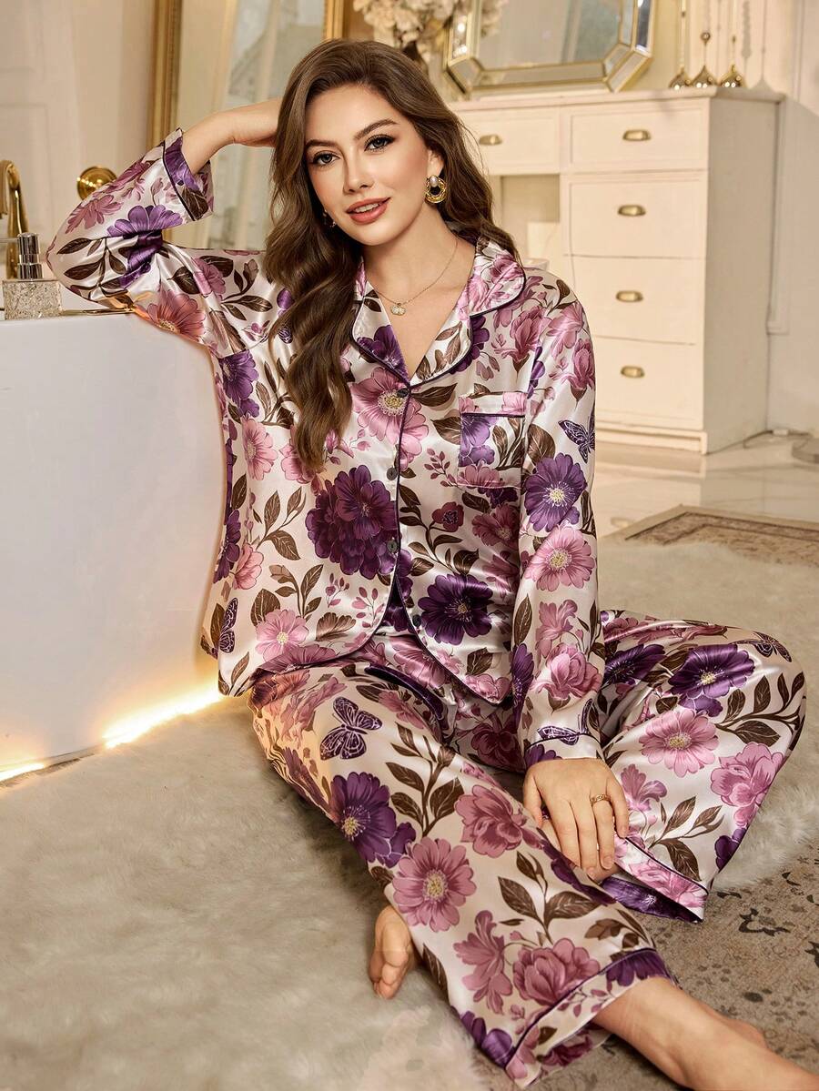 MuseNap CURVE Conjunto de pijama de mujer de talla grande con estampado floral y de hojas, bata, pijama de satén, ropa de dormir de mujer, conjunto de pijama de satén, ropa de dormir de mujer, conjunto de pijama de manga larga - Multicolor - Ver 1
