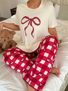 SHEIN 加大码格子蝴蝶结印花休闲圆领睡衣套装 - 杏色 - 查看 5