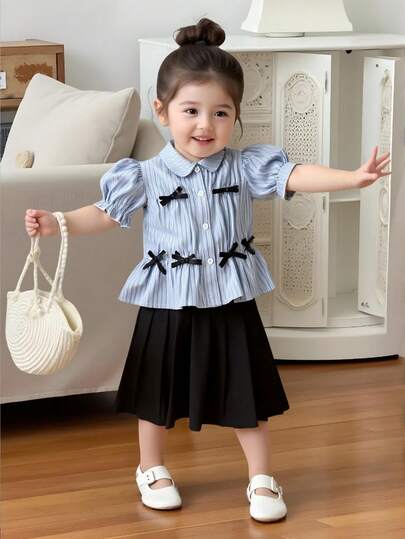 SHEIN Bộ 2 váy tay dài kẻ sọc trang trí nơ cho bé gái mùa hè