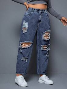 SHEIN ICON Women Plus Size Casual Distressed Slim Fit Jeans, Spring/Summer - Dark Wash - View 7