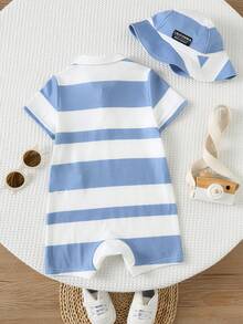 SHEIN 2件套新生儿男女宝宝舒适休闲学院风马匹印花蓝白条纹短袖连体衣和遮阳帽套装，适合室内、室外、日常、运动、玩耍、聚会、拍照、度假、春夏穿着。 - 藍白色 - 查看 2