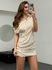 Rafferiza Vestido de verano elegante con cuello asimétrico con volantes y estampado de lunares para vacaciones - Albaricoque - Ver 1