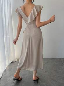 DAZY Đầm dài ngang gối màu trơn thanh lịch dành cho nữ, đầm maxi dự tiệc cưới mùa hè, đầm cocktail. - Màu be - Xem 6