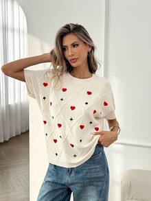 Easowa Women's Knitted Dropped Shoulder Short Sleeve Pullover Sweater Top - Beige - View 5