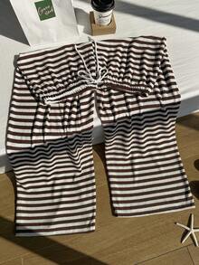 Comfortcana 加大码黑白条纹休闲抽绳裤，秋冬款 - 咖啡棕 - 查看 7