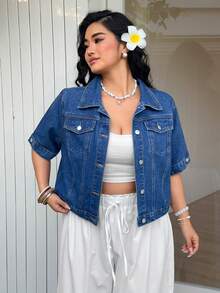 Sunnyshic Summer New Washed Loose Denim Short Sleeve Jacket - Blue - View 4