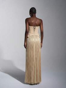 Elitara Elegant Apricot Strapless Sleeveless Maxi Formal Evening Dress With Fringe Accents For Women - Apricot - View 2