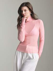 Ontre 2026春夏款女士透视网纱高领长袖衬衫，都市通勤商务休闲上衣，约会、婚礼、度假等场合的优雅之选 - 粉色 - 查看 3