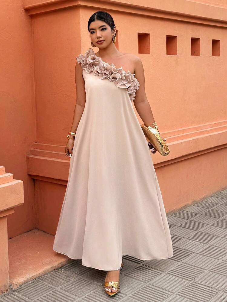 Selianne Vestido de vacaciones de línea A con hombro asimétrico casual para mujer de talla grande, primavera/verano - Albaricoque - Añade 1