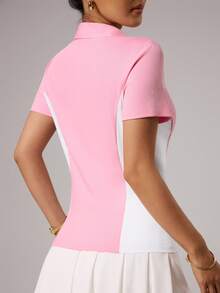 CourtClass Women's Solid Color Button Golf Polo Shirt, Fitted Short Sleeve, Summer - Pink - View 2