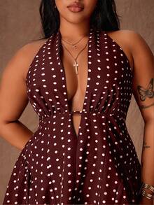 Rustia Vestido mini sexy de línea A con escote halter y lunares para mujer de talla grande - Marrón - Ver 4