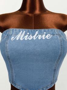 Women's Fashionable Street Letter Graphic Cropped Denim Camisole Top, Summer - Blue - View 3