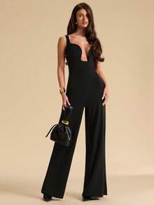 SHEIN BAE 纯棕色不对称露肩镂空高开衩性感优雅长裙，适合度假、海滩、婚礼、早午餐等场合。 - 棕色 - 查看 1