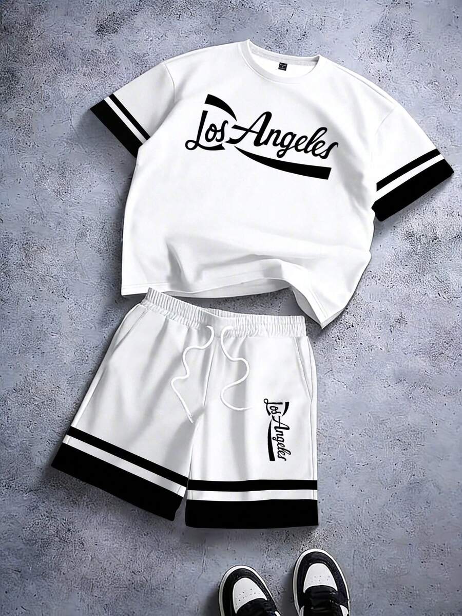 Aesthetic Post 男士休闲运动风洛杉矶字母黑白条纹印花短袖T恤和抽绳腰短裤套装，夏季 - 彩色 - 查看 1
