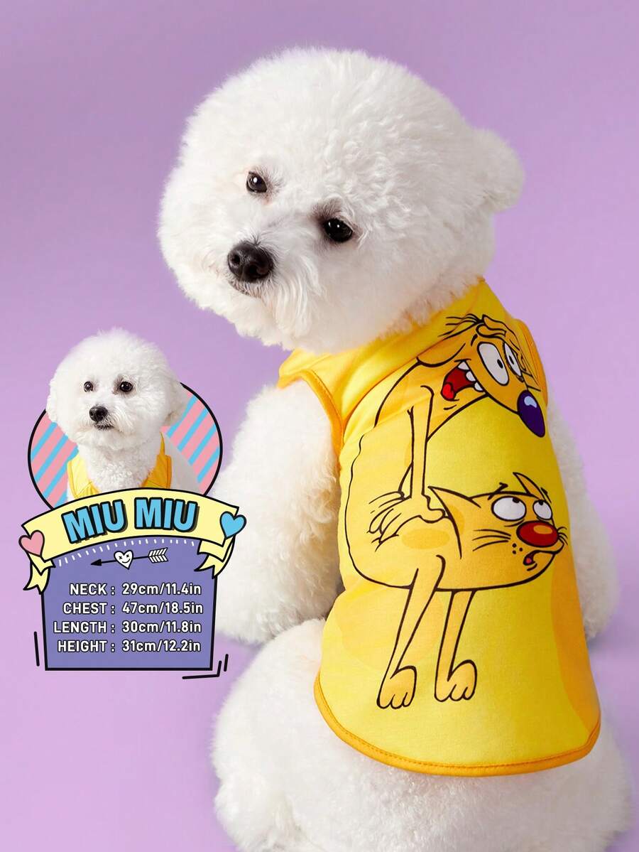 Nick 90s | SHEIN 90er Jahre modischer Hunde-Cartoon-Muster Haustier Tanktop, für Katzen und Hunde, in den Größen XXS bis XXXXXL erhältlich, von extra klein bis extra groß - Gelb - Übersicht 1