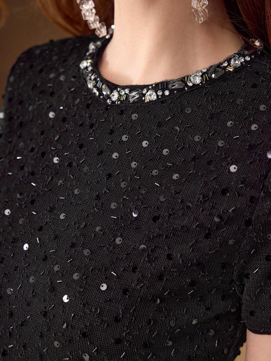 MOTF PREMIUM WOMEN'S TEXTURED KNIT JACQUARD FABRIC ROUND NECK EMBELLISHED ELASTIC T-SHIRT, SPRING/SUMMER - Black - View 2