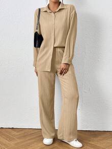 SHEIN PETITE Women's Solid Color Long Sleeve Single-Breasted Shirt And Pants Casual 2 Pieces Set - Mustard Yellow - View 4