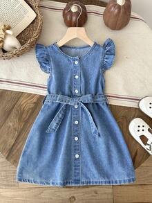 LMoss Kids Vestido suelto de niña joven de mezclilla azul con cinturón - Lavado ligero - Ver 8