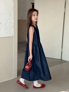 DAZY Tween Girls' Round Neck Sleeveless Denim Dress - Blue - View 7