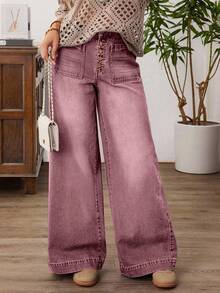 EMERY ROSE Plus Size Women Casual Vacation Daily Commute Fashion Street Button Fly Washed Loose Wide Leg Jeans - Dusty Pink - View 1