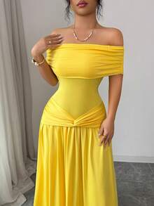 Elenzga New Off Shoulder Sleeveless Knit Fitted Elegant Party Versatile Dress For Women - Yellow - View 6