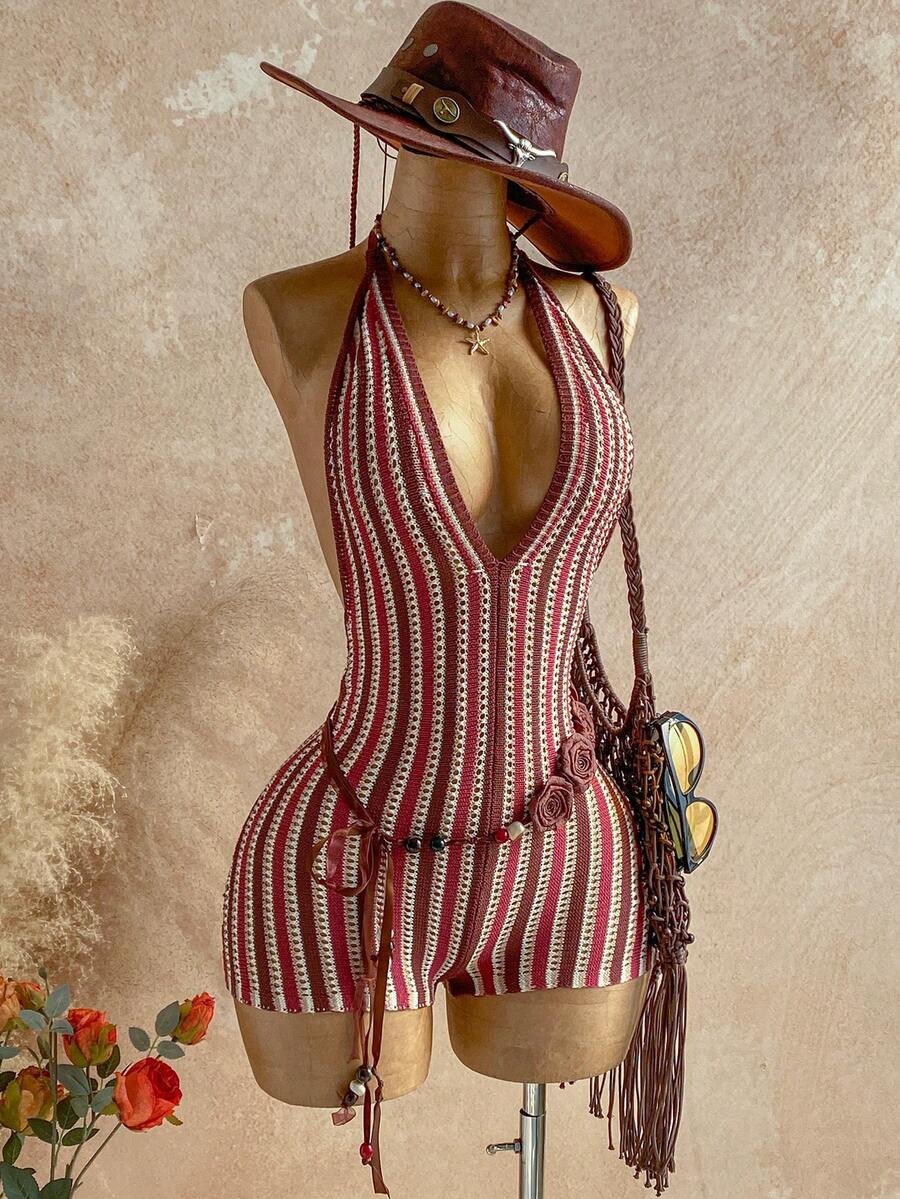 Soleia Mono de punto con cuello en V profundo a rayas para vacaciones de mujer - Multicolor - Ver 1