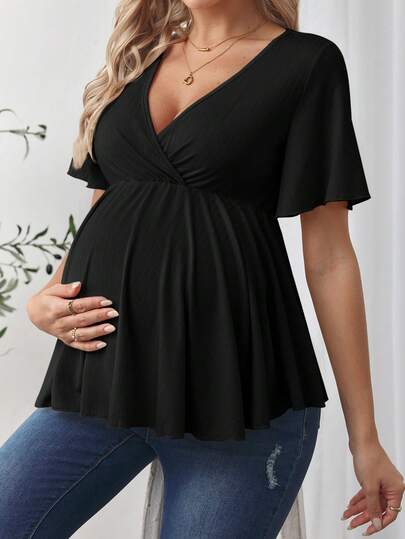 SHEIN Maternity Solid Color Overlap V-Neck Ruffle Short Sleeve Casual T-Shirt