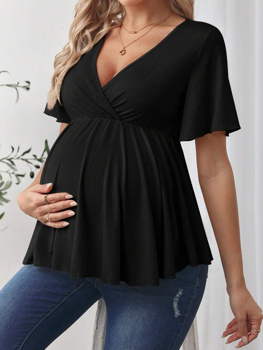 SHEIN Maternity Solid Color Overlap V-Neck Ruffle Short Sleeve Casual T-Shirt - Black - View 1
