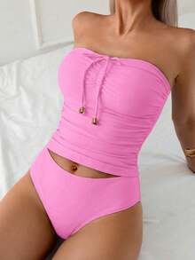 Swim Lushoire Bộ đồ bơi tankini dáng ôm, màu trơn, thanh lịch, đa năng dành cho nữ, kiểu buộc dây phía trước. - Hồng - Xem 5