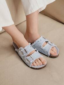 Solecia Giày đế bằng mũi tròn tua rua đính đá lấp lánh cho nữ, giày đế bằng thoải mái, thời trang thường ngày/tiệc tùng/đi làm, đa năng - Màu xanh nhạt - Xem 2