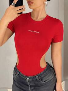 SHEIN ICON Y2K Style Women's Black High Stretch Hollow Out Lightweight Seamless Knit Bodysuit Bodysuit - Red - View 5