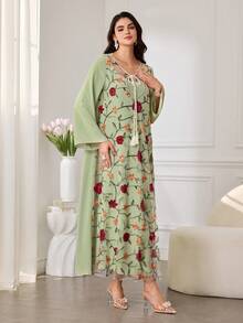 Al Najma Women's Elegant Colorful Embroidered Arabic Style Maxi Tie-Waist Dress - Green - View 6