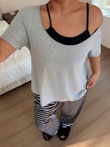 SHEIN 大码休闲条纹二合一短袖睡衣套装 - 灰色 - 查看 4