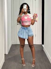 Slaydiva Women's High Waist Aqua Blue Denim Skort, Slim Fit Washed Pleated Skort For Summer, Street Wear Y2K Holiday Beach, Day Party - Pink - View 7