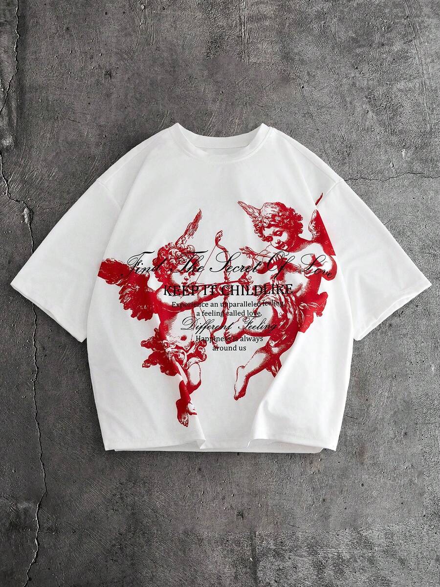 AXEPEAK Camiseta de manga corta de cuello redondo con estampado de lema y ángel, casual para hombre, de verano - Blanco - Ver 1