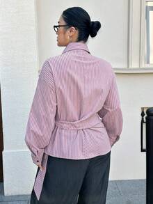 Dazy Plus Fashionable Turndown Collar Casual Striped Loose Asymmetrical Cinched Waist Long Sleeve Commuting Shirt - Pink - View 9