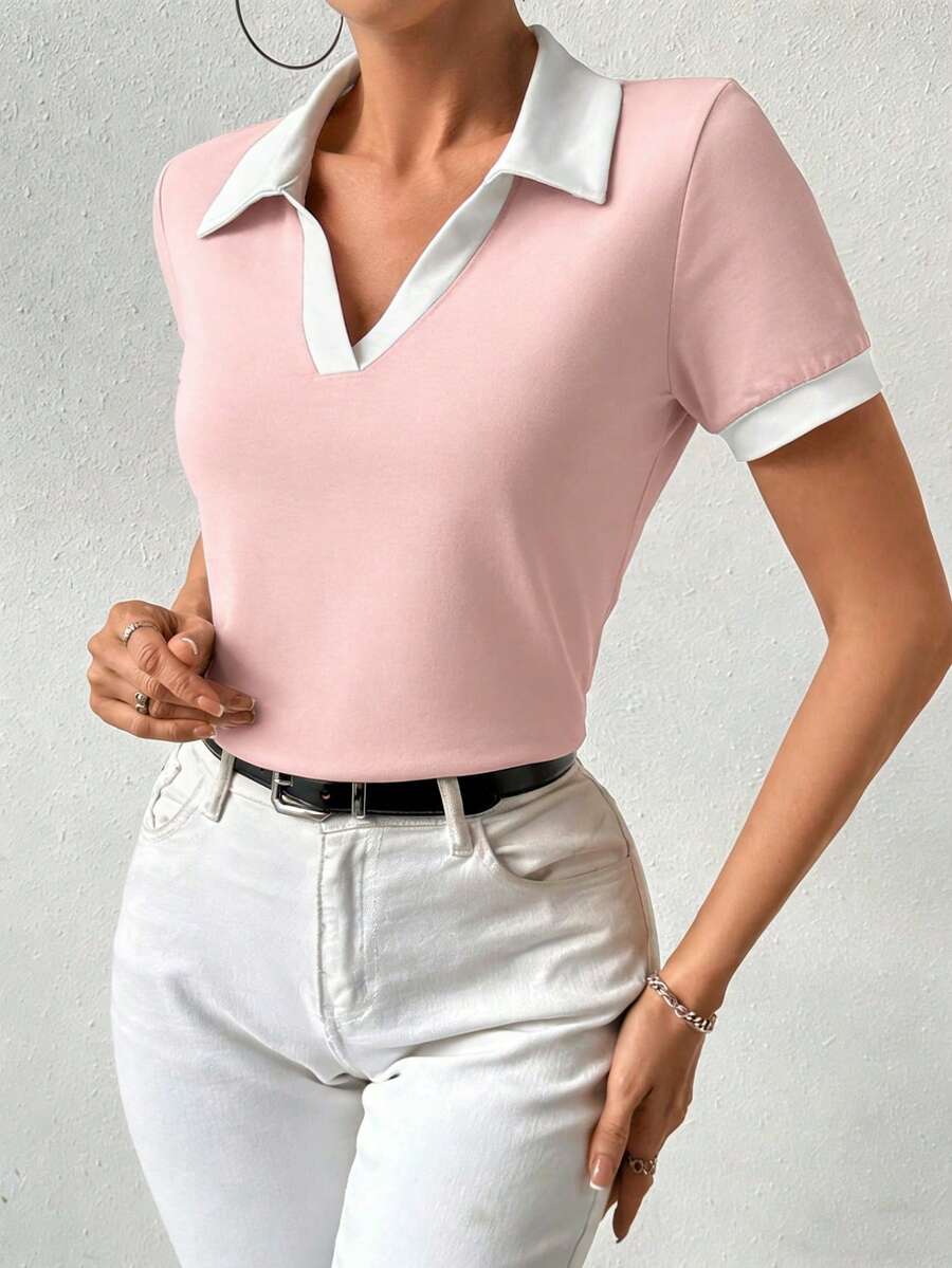 RosyDaze 女士V领短袖T恤，休闲日常穿着及通勤皆宜。 - 淺粉色 - 查看 1
