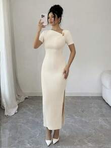 Rafferiza Women's Elegant Sexy Solid Color Gold Decor Button Asymmetric Collar Short Sleeve Fitted Split Hem Midi Knit Dress - Beige - View 6