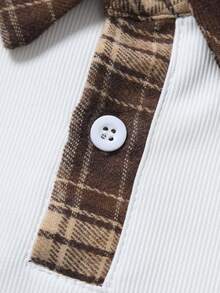 Manfinity Hypemode Men's Casual Sports Polo Shirt,White And Brown Plaid Design Contrast Striped Side Panel,Summer,Back-To-School,Graduation,Streetwear,Vintage,Party - Apricot - View 5