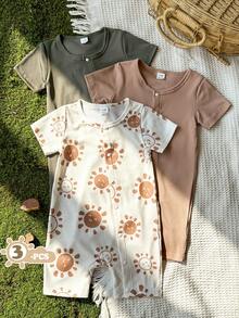 SHEIN Vintaside Kids 3件套新生男宝宝休闲条纹印花连体衣，春夏款 - 彩色 - 查看 3