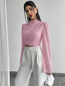 Firerie Women's Elegant Minimalist Delicate Romantic Vacation & Commute Chiffon Draped Flare White Blouse,Summer Top - Dusty Pink - View 3