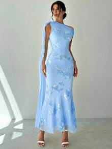 Firerie 女士优雅精致浪漫高贵舞会约会单肩超长披肩刺绣网纱修身美人鱼黄色连衣裙 - 淺藍色 - 查看 5