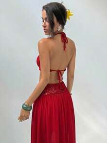 Conjunto 2 Piezas Mujer Top Punto Sin Mangas con Flores 3D + Falda, Estilo Halter de Ganchillo y Gasa, Diseño Bohemio Tropical, Ideal para Verano, Playa, Vacaciones, Otoño e Invierno, - Amarillo - Ver 10