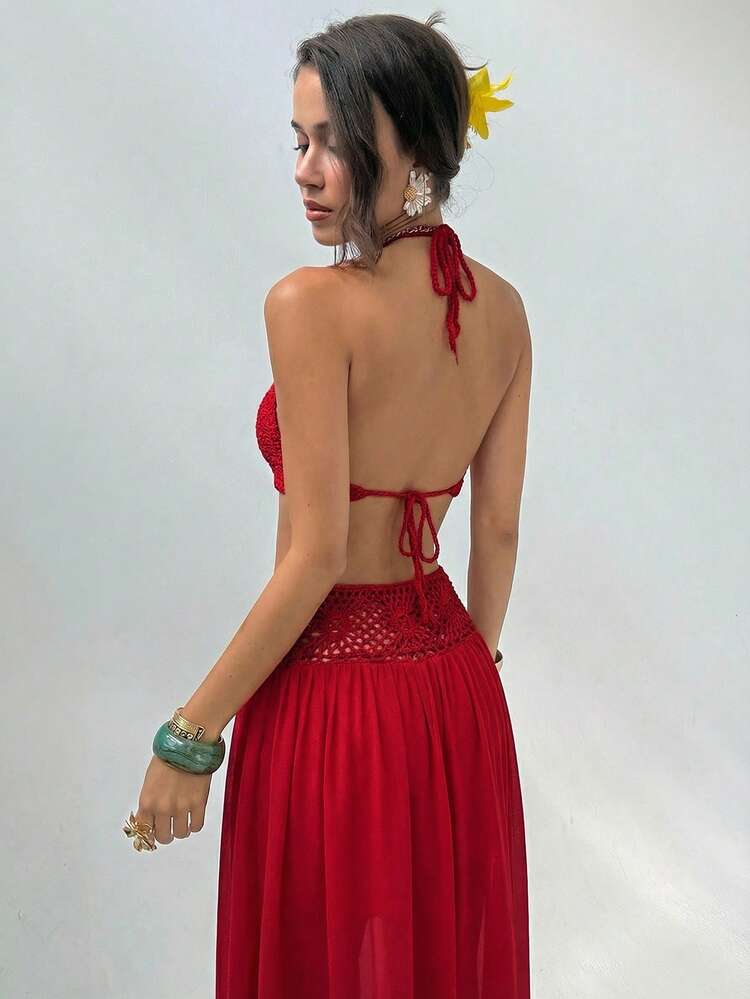 Aloruh Conjunto de 2 piezas de top de punto sin mangas con decoración de flores 3D y falda, atuendos de verano de moda, ropa de verano, atuendos de playa para mujer, ropa de vacaciones, atuendos de vacaciones bohemios tropicales, ropa de mujer, blusas de halter de ganchillo y gasa, atuendos sexys para mujer en otoño/invierno - Marrón - Añade 2