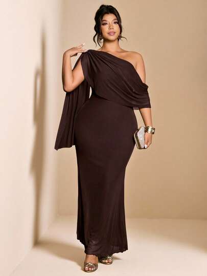 Cravure Vestido asimétrico de hombro de unicolor elegante para mujer de talla grande, vestidos de cumpleaños, vestido de fiesta de club con hombros descubiertos, vestido de primavera para mujer, vestidos formales elegantes para mujer, vestido de noche, vestido ajustado maxi, vestido de boda para mujer, vestido romántico para invitada de boda