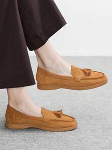 CUCCOO BIZCHIC 女士海军蓝绒面革舒适休闲乐福鞋，多功能平底套脚鞋，适合户外、通勤、工作和日常穿着 - 摩卡棕 - 查看 2