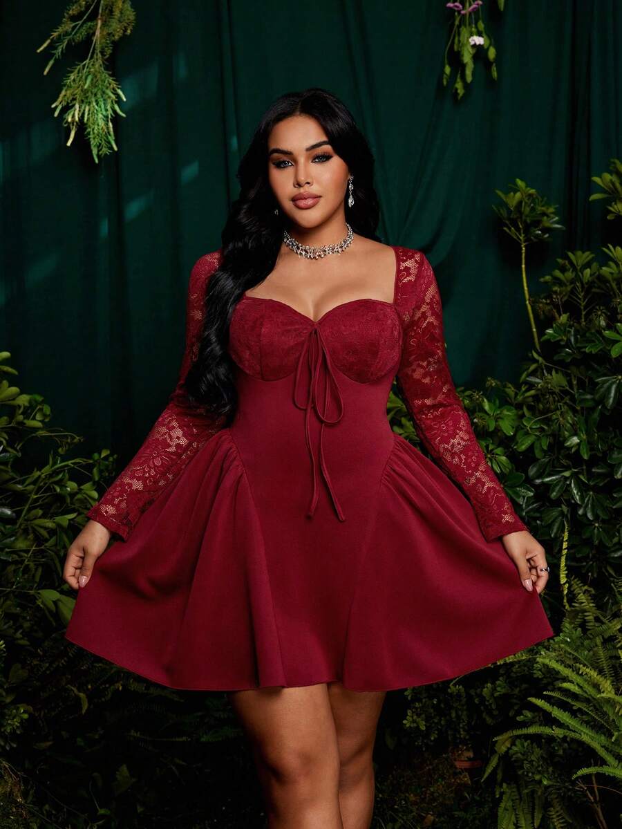 Roveilla 大码女式复古假日蕾丝长袖公主薄纱迷你连衣裙，性感派对鸡尾酒裙，适合春季、秋季、假日派对、新年、情人节，酒红色紧身连衣裙，心形领紧身连衣裙，适合春季、夏季、秋季 - 酒紅色 - 查看 1