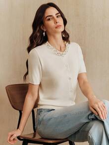 Anewsta Women's Spring/Summer New White Beaded Round Neck Short Sleeve Knit Cardigan - White - View 7