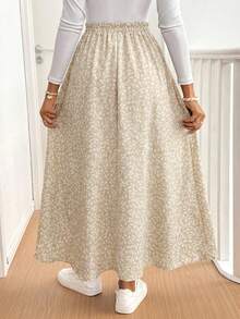 SHEIN Frenchy Women's Ditsy Floral Elastic Waist Frill Trim Split Skirt - Apricot - View 2