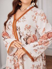 Al Najma Đầm maxi dáng xòe cổ chữ V in hoa kiểu Thổ Nhĩ Kỳ dành cho nữ cỡ lớn, thích hợp cho mùa xuân/thu. - trái cam - Xem 5